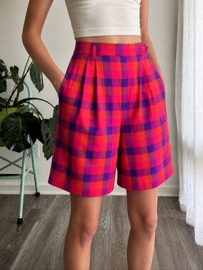Vintage Head Sportswear Plaid Bermuda Shorts High Waist Side Button Size 14